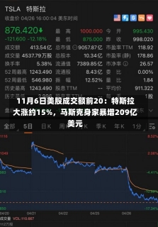 11月6日美股成交额前20：特斯拉大涨约15%，马斯克身家暴增209亿美元